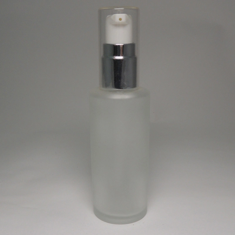 Medium Size Skincare Cosmetic Packaging Empty 50ml Cylinder Shape Glass Bottle Matte Finish with Cream/Lotion Pump and Oversize Cap